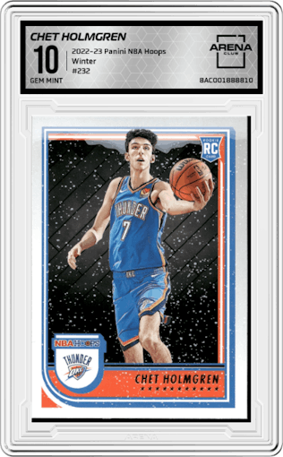Chet Holmgren from the 2022-23 Panini NBA Hoops set featuring a Winter parallel graded by Arena Club and given an overall grade of 10.