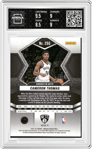 Cameron Thomas from the 2021-22 Panini Mosaic  set graded by Arena Club and given an overall grade of 9.