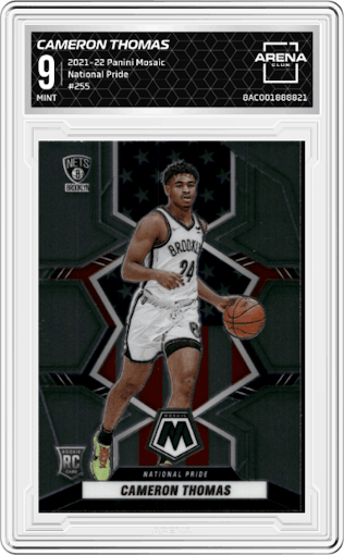 Cameron Thomas from the 2021-22 Panini Mosaic  set graded by Arena Club and given an overall grade of 9.