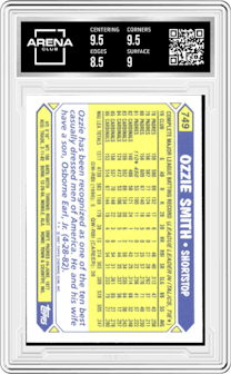 Ozzie Smith from the 1987 Topps set featuring a Tiffany parallel graded by Arena Club and given an overall grade of 9.