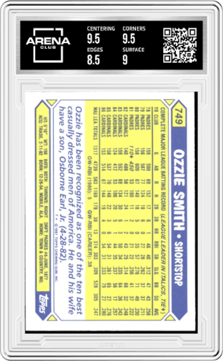 Ozzie Smith from the 1987 Topps set featuring a Tiffany parallel graded by Arena Club and given an overall grade of 9.