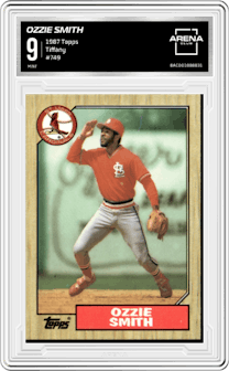 Ozzie Smith from the 1987 Topps set featuring a Tiffany parallel graded by Arena Club and given an overall grade of 9.