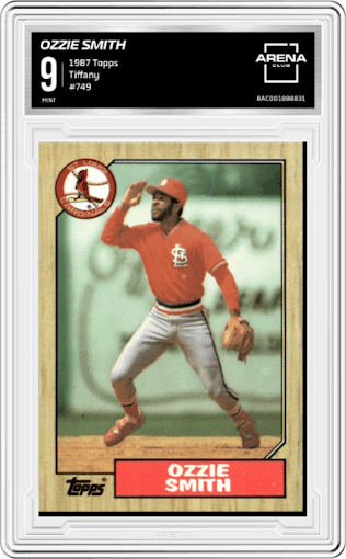 Ozzie Smith from the 1987 Topps set featuring a Tiffany parallel graded by Arena Club and given an overall grade of 9.