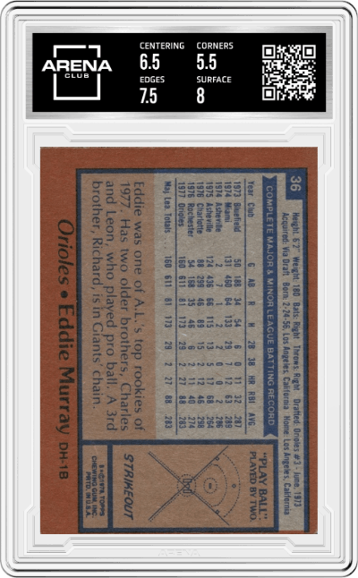 Eddie Murray from the 1978 Topps set graded by Arena Club and given an overall grade of 6.