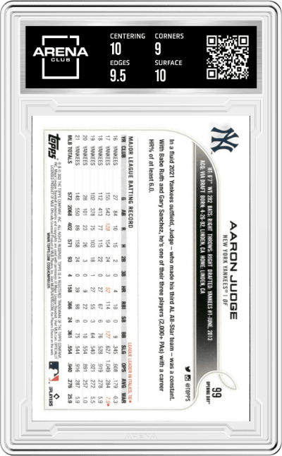 Aaron Judge from the 2022 Topps Opening Day set graded by Arena Club and given an overall grade of 9.5.