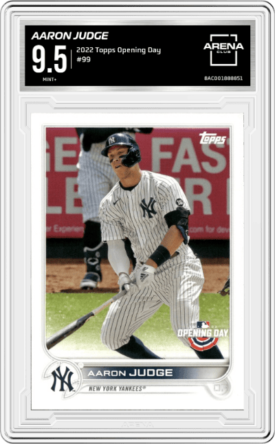 Aaron Judge from the 2022 Topps Opening Day set graded by Arena Club and given an overall grade of 9.5.
