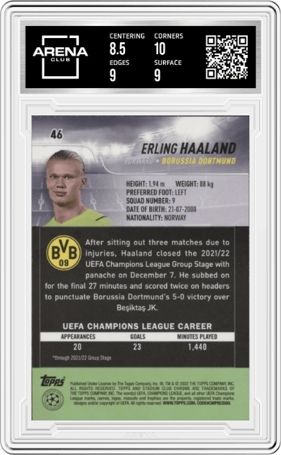 Erling Haaland from the 2021-22 Topps Stadium Club Chrome UEFA Champions League set graded by Arena Club and given an overall grade of 9.