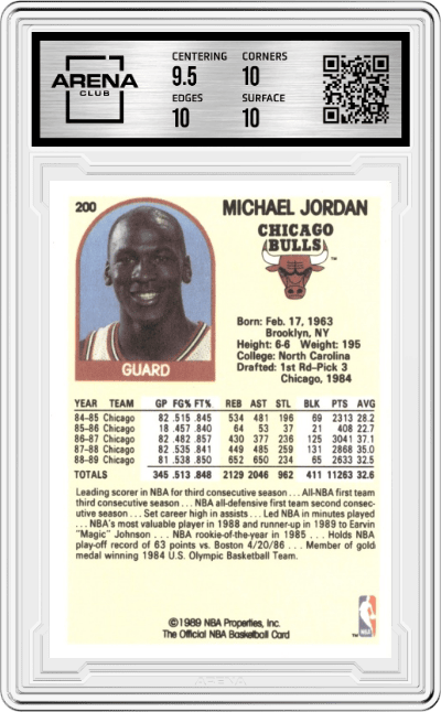 Michael Jordan from the 1989-90 NBA Hoops  set graded by Arena Club and given an overall grade of 10.
