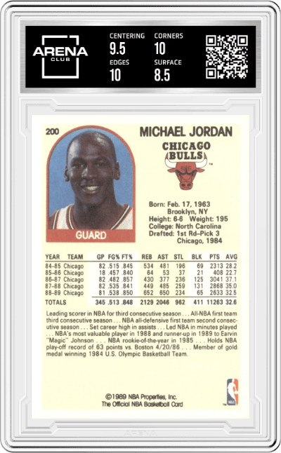 Michael Jordan from the 1989-90 NBA Hoops  set graded by Arena Club and given an overall grade of 9.