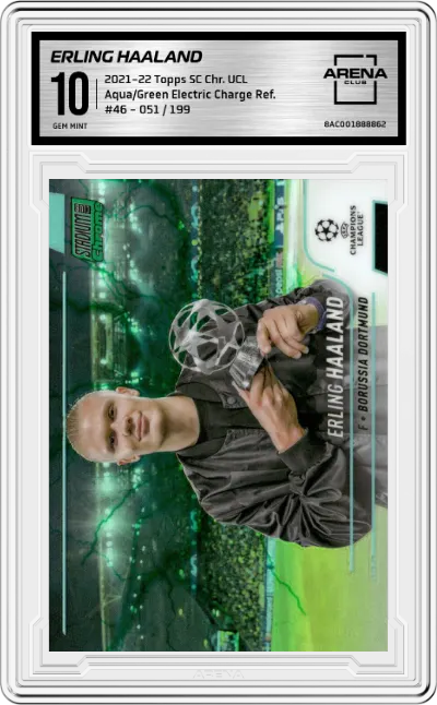 Erling Haaland from the 2021-22 Topps Stadium Club Chrome UEFA Champions League set featuring a Aqua/Green Electric Charge Refractor  parallel graded by Arena Club and given an overall grade of 10.