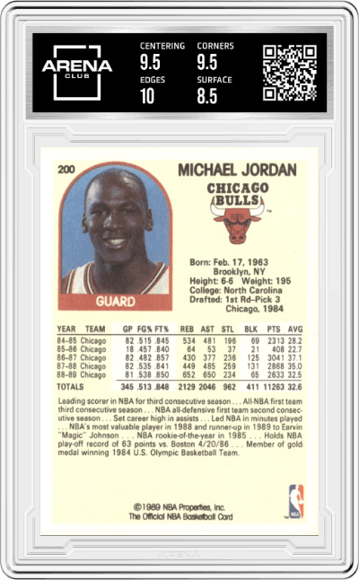 Michael Jordan from the 1989-90 NBA Hoops  set graded by Arena Club and given an overall grade of 9.