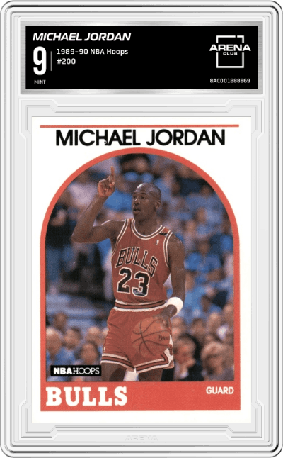 Michael Jordan from the 1989-90 NBA Hoops  set graded by Arena Club and given an overall grade of 9.