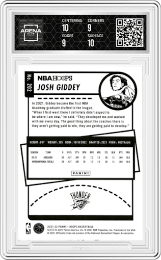Josh Giddey from the 2021-22 Panini NBA Hoops set graded by Arena Club and given an overall grade of 9.5.