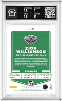 Zion Williamson from the 2021-22 Panini Donruss set featuring a Orange Holo Laser  parallel graded by Arena Club and given an overall grade of 9.5.