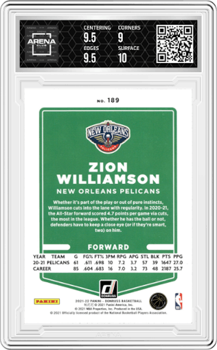 Zion Williamson from the 2021-22 Panini Donruss set featuring a Orange Holo Laser  parallel graded by Arena Club and given an overall grade of 9.5.