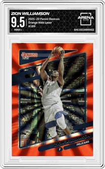 Zion Williamson from the 2021-22 Panini Donruss set featuring a Orange Holo Laser  parallel graded by Arena Club and given an overall grade of 9.5.