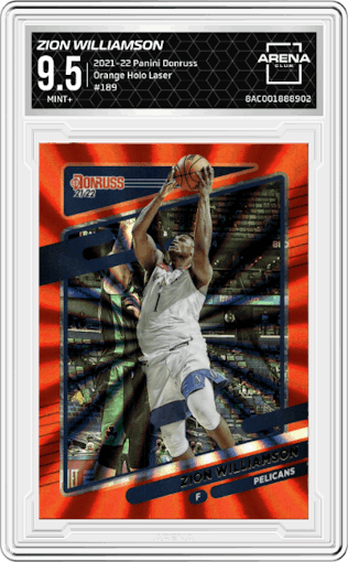 Zion Williamson from the 2021-22 Panini Donruss set featuring a Orange Holo Laser  parallel graded by Arena Club and given an overall grade of 9.5.