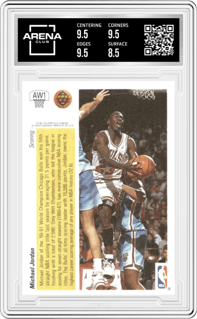 Michael Jordan from the 1991-92 Upper Deck set graded by Arena Club and given an overall grade of 9.
