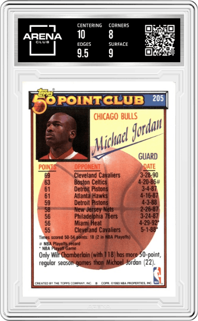 Michael Jordan from the 1992-93 Topps Basketball  set featuring a Gold parallel graded by Arena Club and given an overall grade of 8.5.