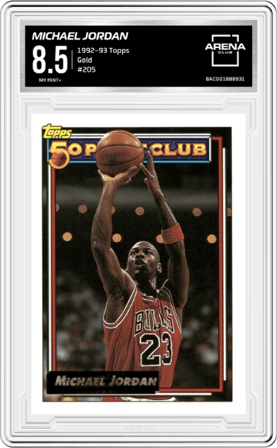 Michael Jordan from the 1992-93 Topps Basketball  set featuring a Gold parallel graded by Arena Club and given an overall grade of 8.5.