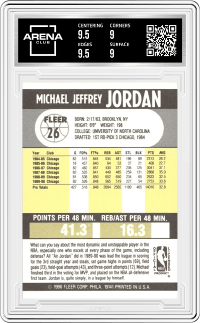Michael Jordan from the 1990-91 Fleer set graded by Arena Club and given an overall grade of 9.5.