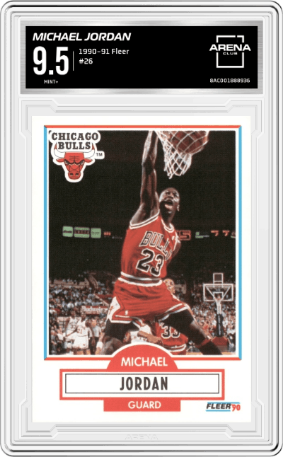 Michael Jordan from the 1990-91 Fleer set graded by Arena Club and given an overall grade of 9.5.
