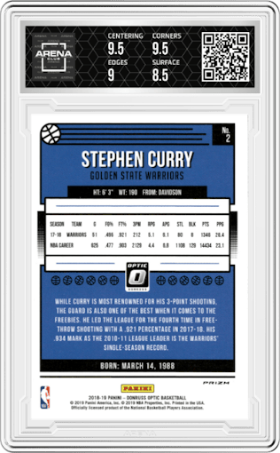 Stephen Curry from the 2018-19 Panini Donruss Optic set featuring a Blue Velocity parallel graded by Arena Club and given an overall grade of 9.
