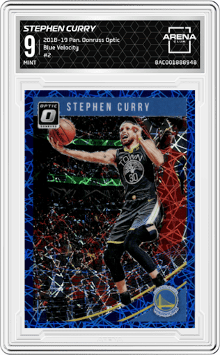 Stephen Curry from the 2018-19 Panini Donruss Optic set featuring a Blue Velocity parallel graded by Arena Club and given an overall grade of 9.