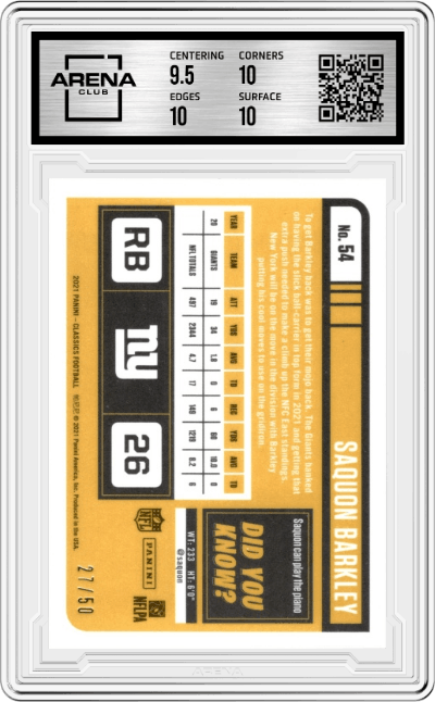 Saquon Barkley from the 2021 Panini Classics set featuring a H2 Premium Edition Timeless Tributes Purple parallel graded by Arena Club and given an overall grade of 10.