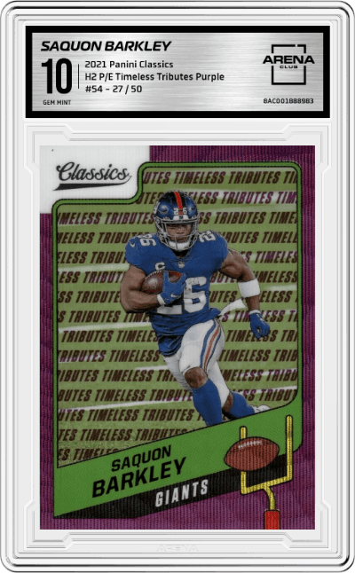 Saquon Barkley from the 2021 Panini Classics set featuring a H2 Premium Edition Timeless Tributes Purple parallel graded by Arena Club and given an overall grade of 10.