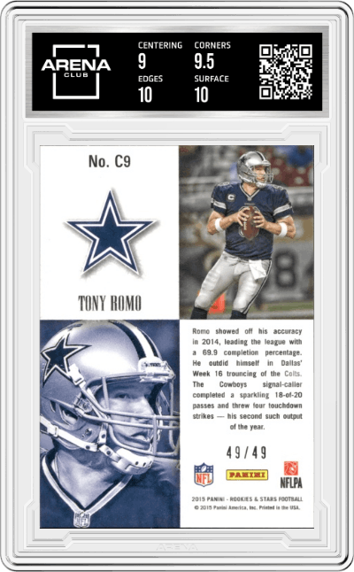 Tony Romo from the 2015 Panini Rookies & Stars set featuring a Purple parallel graded by Arena Club and given an overall grade of 9.5.