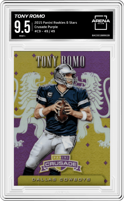 Tony Romo from the 2015 Panini Rookies & Stars set featuring a Purple parallel graded by Arena Club and given an overall grade of 9.5.