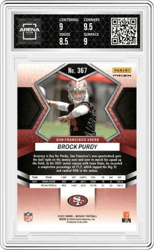 Brock Purdy from the 2022 Panini Mosaic set featuring a Green Mosaic parallel graded by Arena Club and given an overall grade of 9.