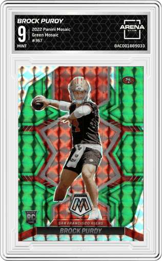 Brock Purdy from the 2022 Panini Mosaic set featuring a Green Mosaic parallel graded by Arena Club and given an overall grade of 9.