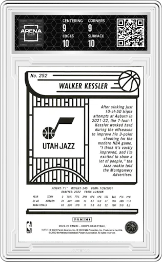 Walker Kessler from the 2022-23 Panini NBA Hoops set featuring a Winter parallel graded by Arena Club and given an overall grade of 9.5.