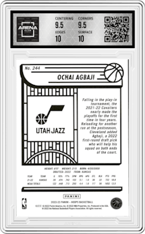 Ochai Agbaji from the 2022-23 Panini NBA Hoops set featuring a Gravity parallel graded by Arena Club and given an overall grade of 10.