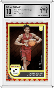Ochai Agbaji from the 2022-23 Panini NBA Hoops set featuring a Gravity parallel graded by Arena Club and given an overall grade of 10.