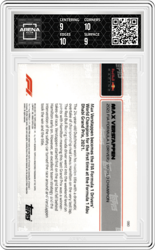 Max Verstappen from the 2021 Topps Now Formula 1 set graded by Arena Club and given an overall grade of 9.5.