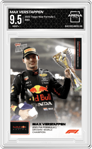 Max Verstappen from the 2021 Topps Now Formula 1 set graded by Arena Club and given an overall grade of 9.5.