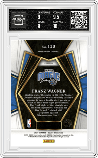 Franz Wagner from the 2021-22 Panini Select set featuring a Orange Flash parallel graded by Arena Club and given an overall grade of 9.5.
