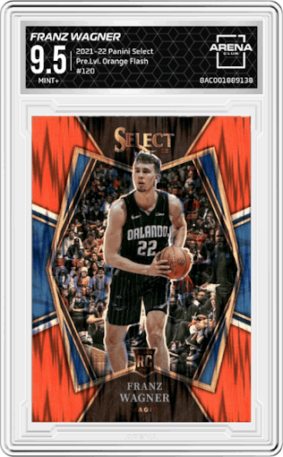 Franz Wagner from the 2021-22 Panini Select set featuring a Orange Flash parallel graded by Arena Club and given an overall grade of 9.5.