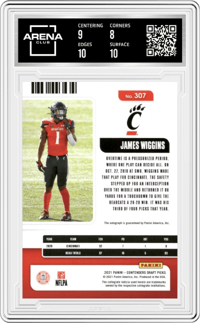 James Wiggins from the 2021 Panini Contenders Draft Picks set featuring a Red parallel graded by Arena Club and given an overall grade of 8.5.
