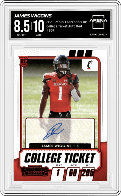 James Wiggins from the 2021 Panini Contenders Draft Picks set featuring a Red parallel graded by Arena Club and given an overall grade of 8.5.