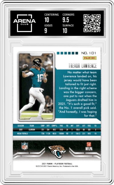Trevor Lawrence from the 2021 Panini Playbook set featuring a Mosaic parallel graded by Arena Club and given an overall grade of 9.5.