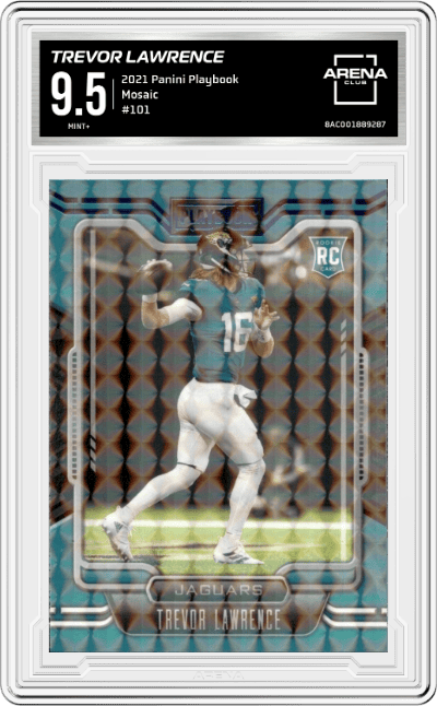 Trevor Lawrence from the 2021 Panini Playbook set featuring a Mosaic parallel graded by Arena Club and given an overall grade of 9.5.