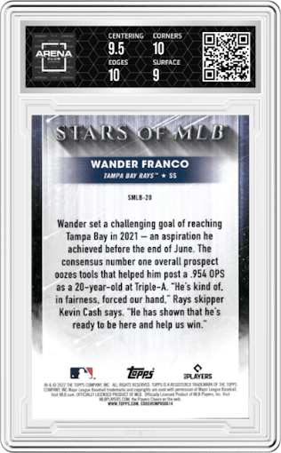 Wander Franco from the 2022 Topps   set graded by Arena Club and given an overall grade of 9.5.