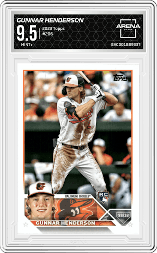 Gunnar Henderson from the 2023 Topps  set graded by Arena Club and given an overall grade of 9.5.