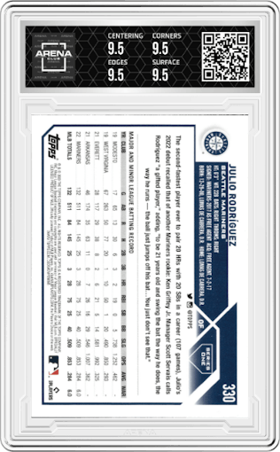 Julio Rodriguez from the 2023 Topps  set graded by Arena Club and given an overall grade of 9.5.