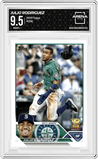 Julio Rodriguez from the 2023 Topps  set graded by Arena Club and given an overall grade of 9.5.