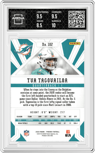 Tua Tagovailoa from the 2020 Panini Phoenix set featuring a Fire Burst parallel graded by Arena Club and given an overall grade of 9.